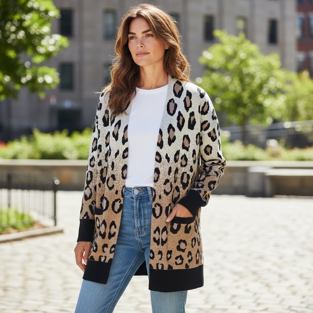 Ann Taylor Leopard Print Cardigan Medium in Black and Tan